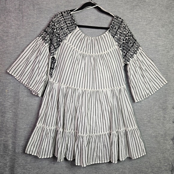 Free People Dresses & Skirts - Free People Lola Black White Stripes Boho Dress Sz S Embroidered Bell Sleeve NEW